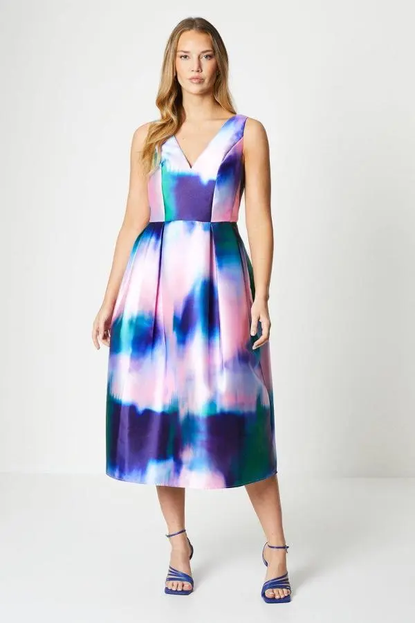 Printed Plunge Neck Seam Twill Dress - Purple