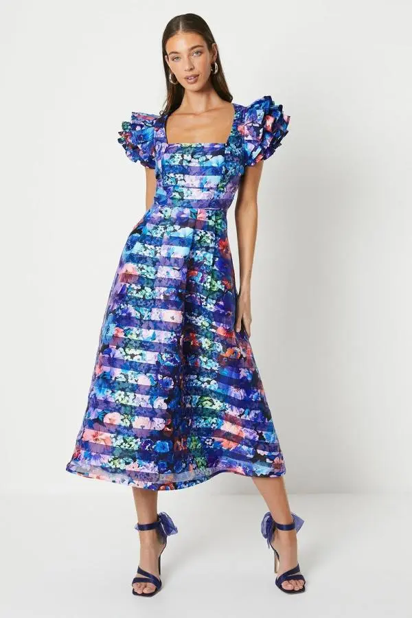 Printed Organza Stripe Puff Sleeve Midi Dress - Blue