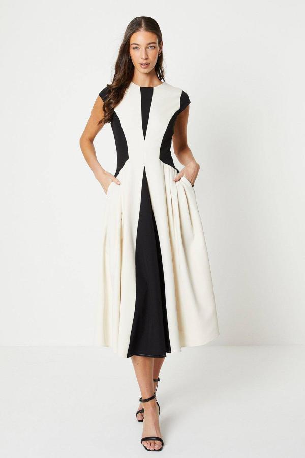 Crepe Colour Block Midi Dress - Mono