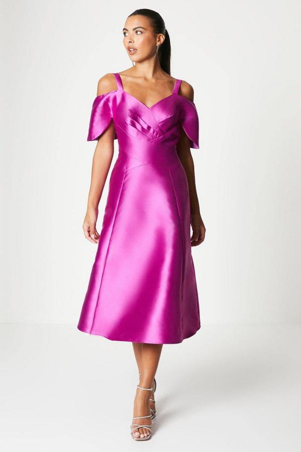 Twill Bardot V Neck Midi Dress - Pink