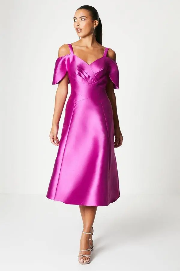 Twill Bardot V Neck Midi Dress - Pink