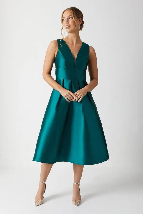 Plunge Neck Structured Twill Midi Bridesmaid Dress - Green