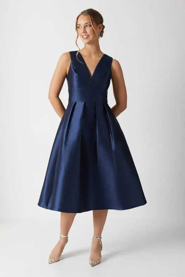 Plunge Neck Structured Twill Midi Bridesmaid Dress - Navy