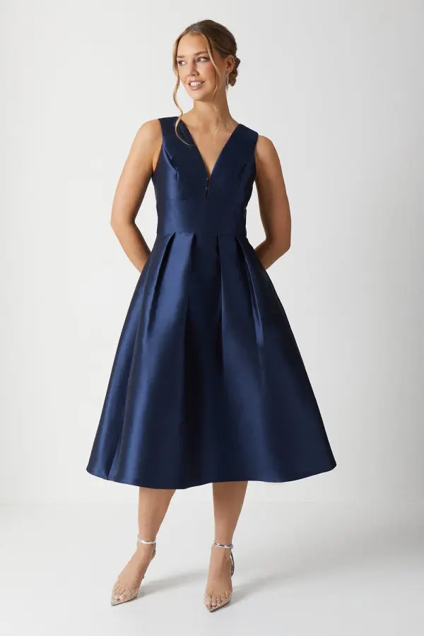 Plunge Neck Structured Twill Midi Dress 