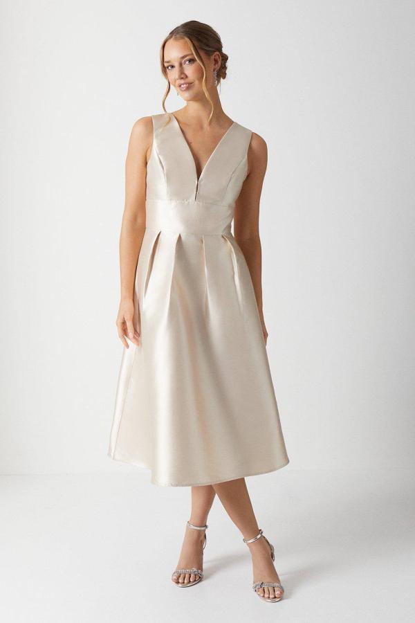 Plunge Neck Structured Twill Midi Bridesmaid Dress - Champagne