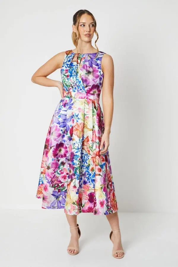 All Over Floral Print Twill Midi Dress - Pink