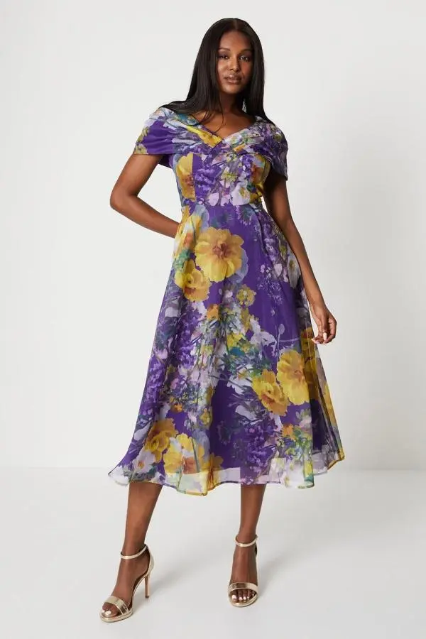 Organza Print Pleat Cape Detail Midi Dress - Purple