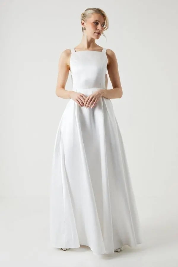 Bow Back Square Neck Twill Wedding Dress - Ivory