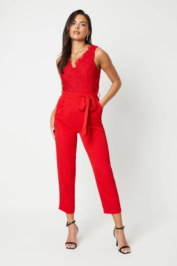 Lace Top Jumpsuit - Red