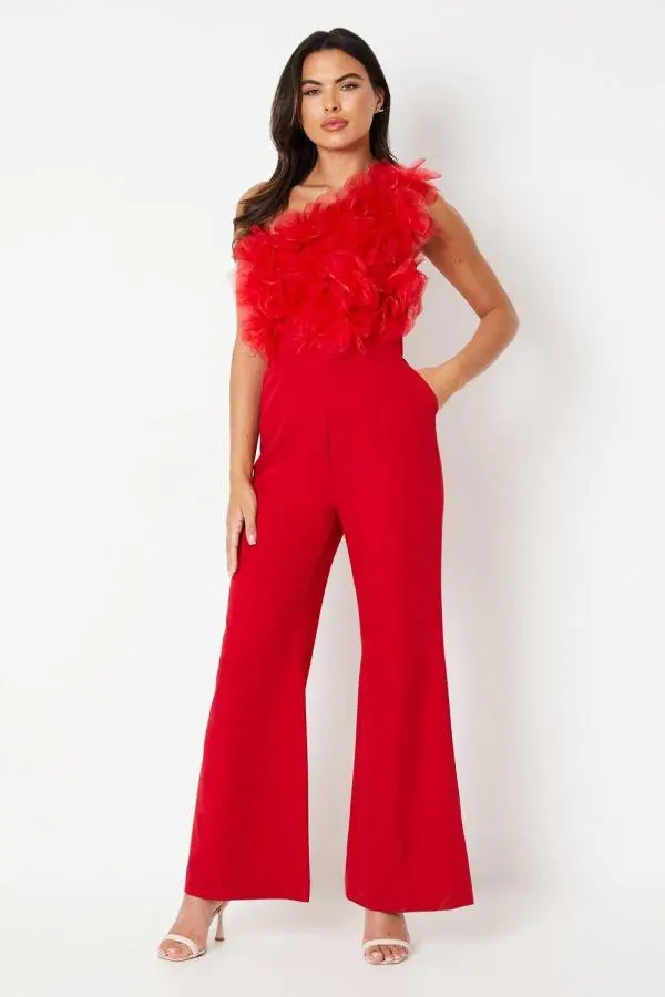 3d Floral Bodice Wide Leg Jumpsuit - Red