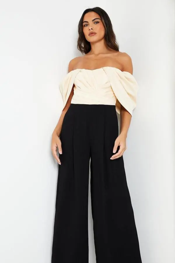 Bardot Jumpsuit With Pleated Bodice - Mono