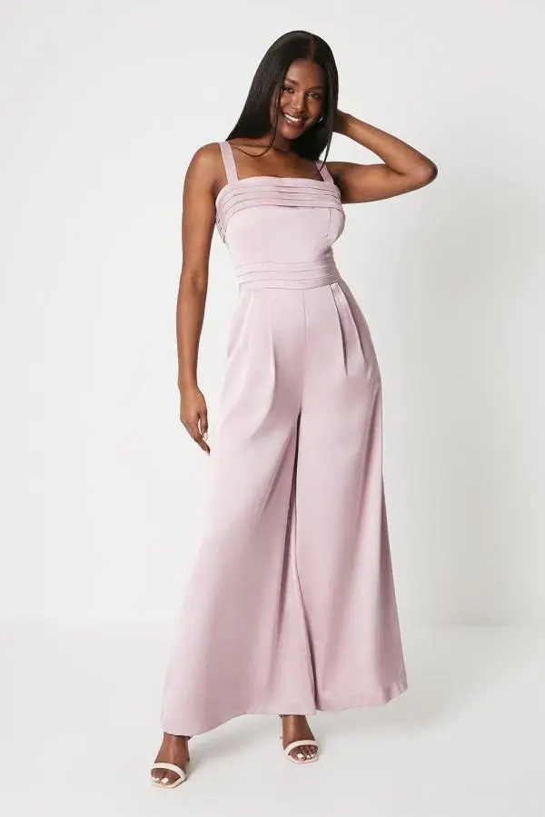 Pleated Bodice Satin Jumpsuit - Pink