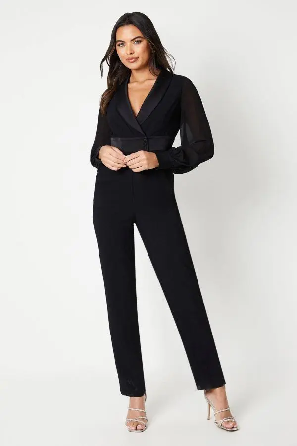 Chiffon Sleeve Wrap Front Tuxedo Jumpsuit - Black