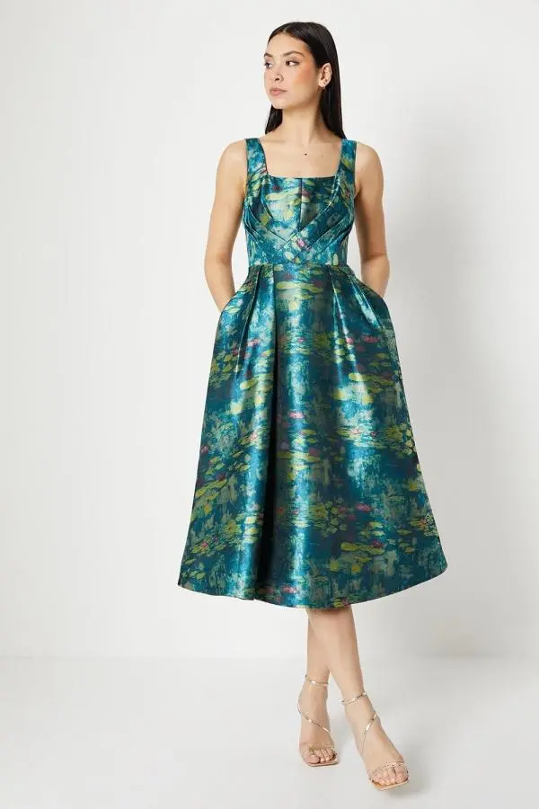 Panelled Bodice Jacquard Midi Dress - Green