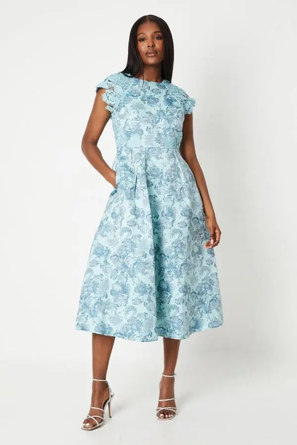 Jacquard And Lace Midi Dress - Blue