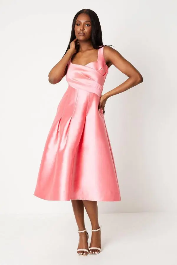 Twill Midi Dress Wth Diagonal Pleats - Pink