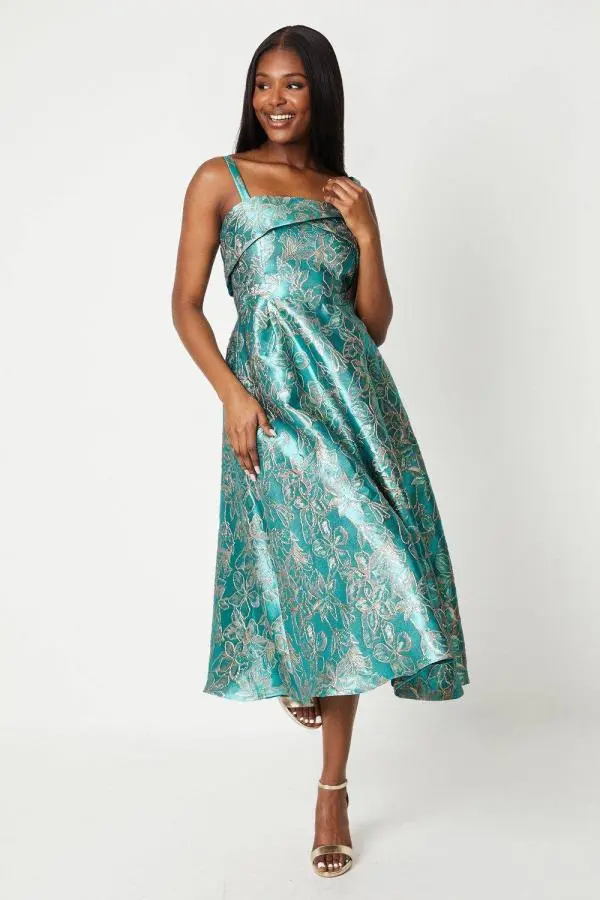 Twist Front Jacquard Midi Dress - Green