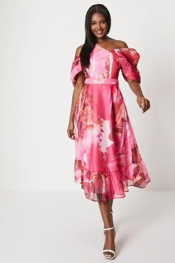 Off Shoulder Organza Midi Dress - Pink