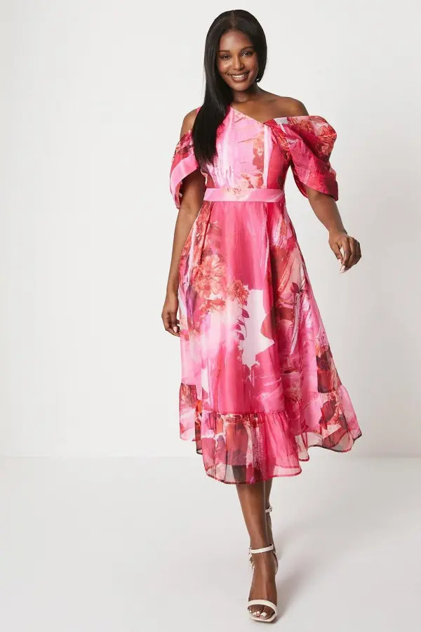 Off Shoulder Organza Midi Dress 