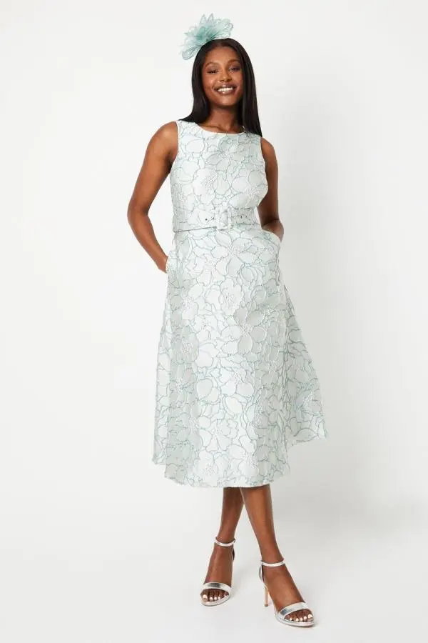 Belted Jacquard Midi Dress - Sage