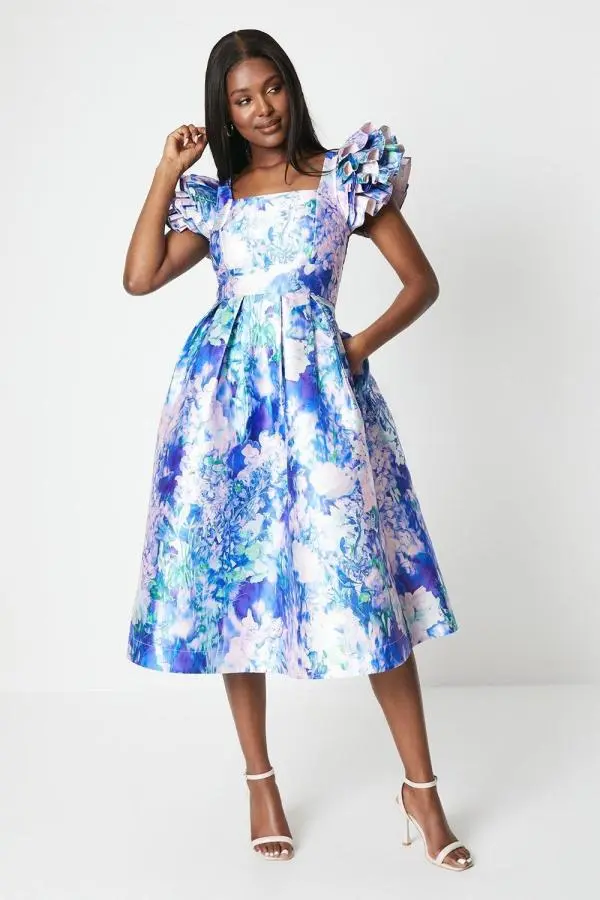 Frill Sleeve Twill Midi Dress - Blue