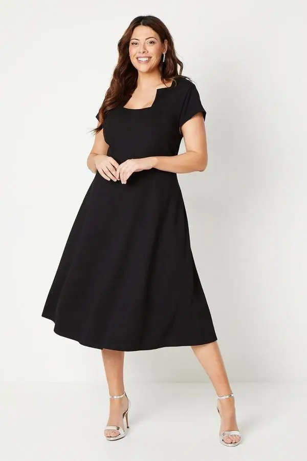 Plus Ponte Midi Dress With Square Neckline - Black