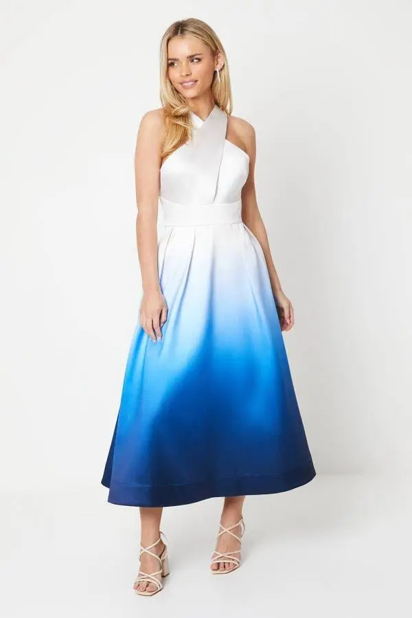 Petite Cross Neck Fit & Flare Midi Dress In Ombre - Blue