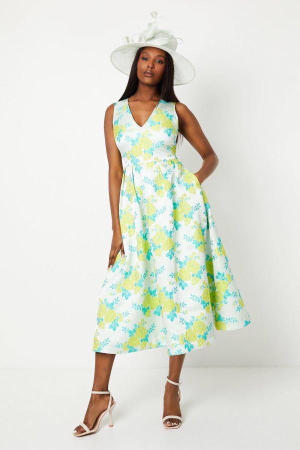 V Neck Jacquard Midi Dress - Turquoise