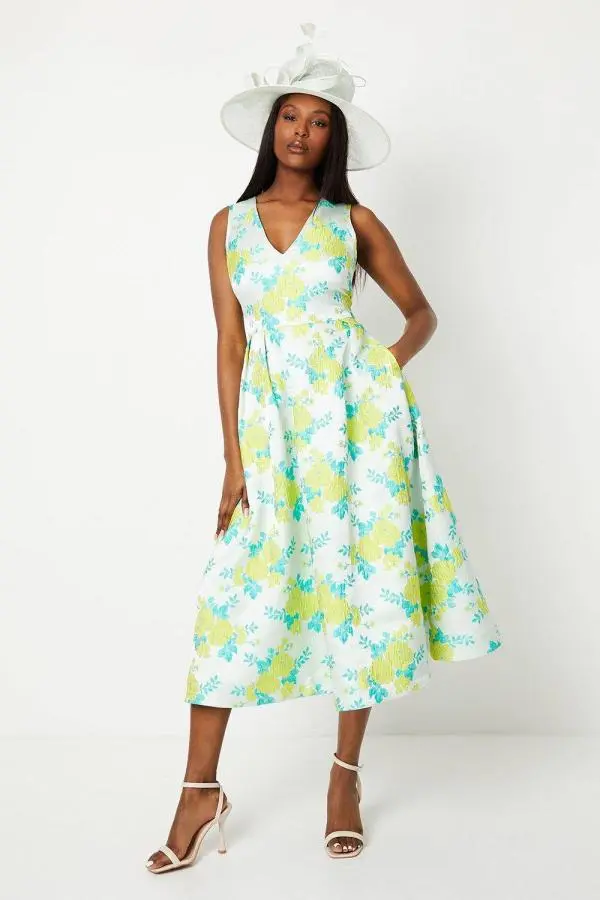 V Neck Jacquard Midi Dress - Turquoise