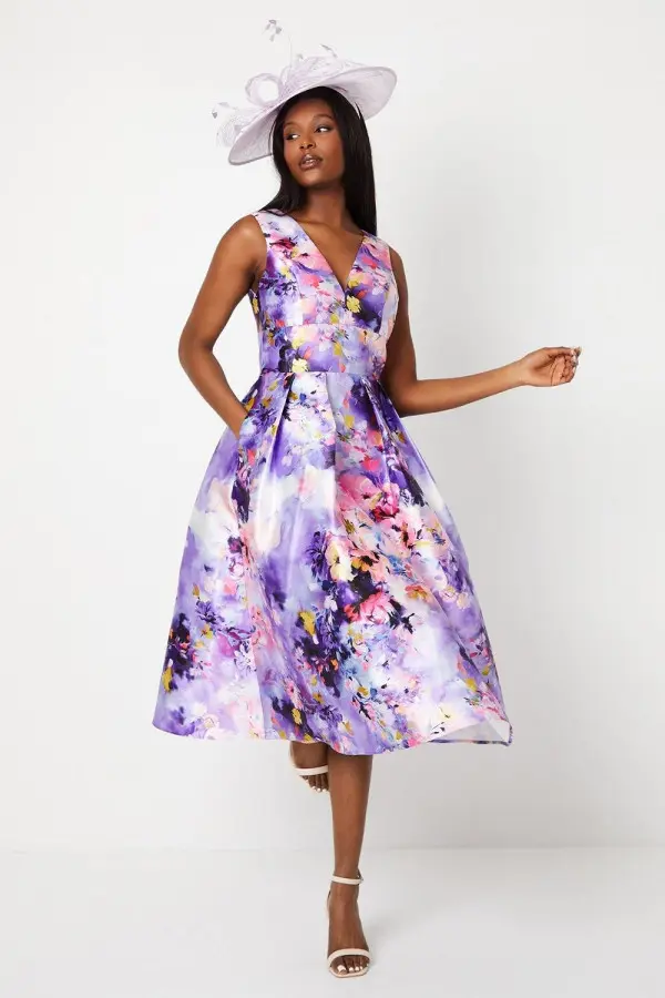 Floral Print Plunge Neck Midi Dress 