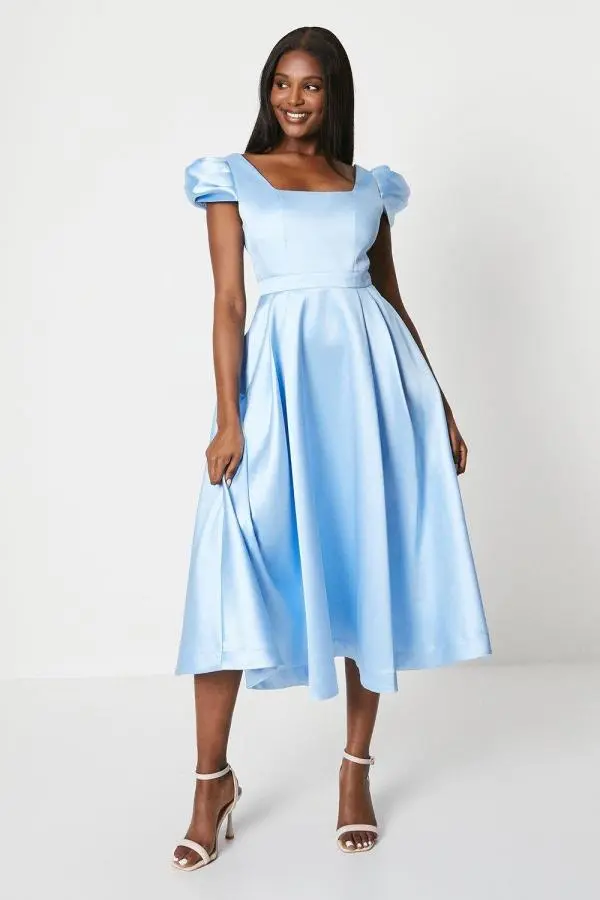 Seamed Bodice Pleated Puff Sleeve Midi Dress - Light Blue