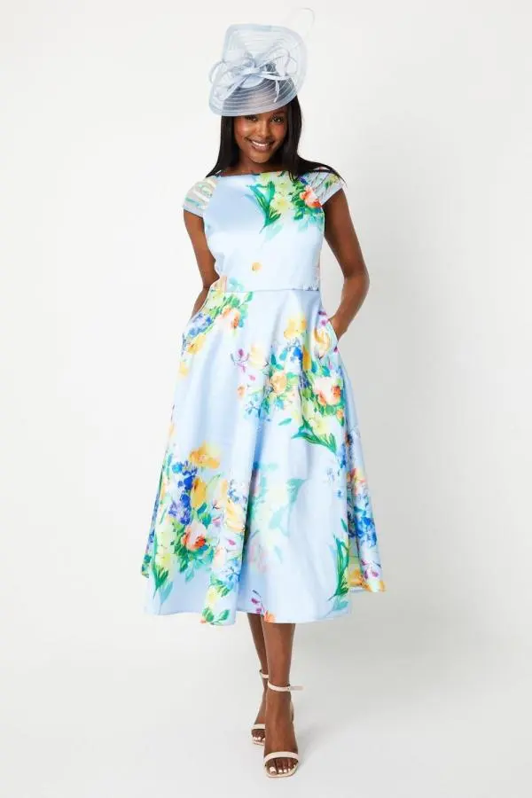 Satin Twill Multi Strap Floral Midi Dress - Pale Blue