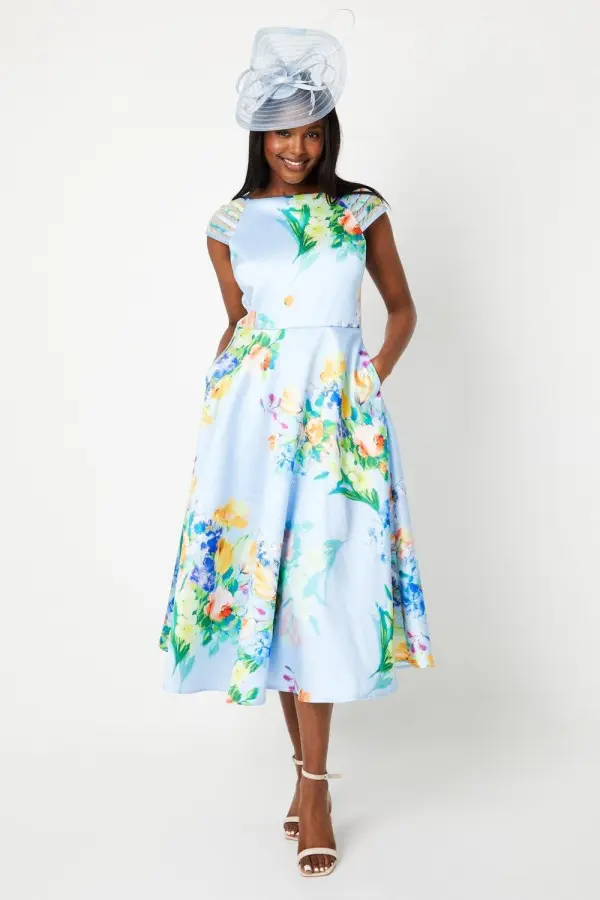 Satin Twill Multi Strap Floral Midi Dress 