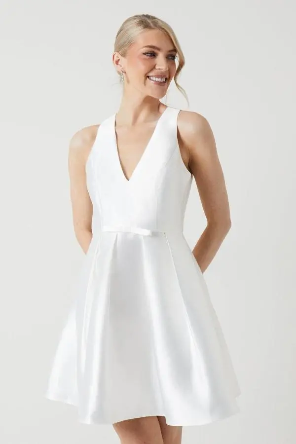 Plunge Neck Bow Waist Mini Dress With Pockets - Ivory