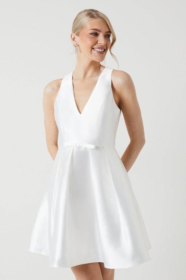 Plunge Neck Bow Waist Twill Mini Dress With Pockets - Ivory