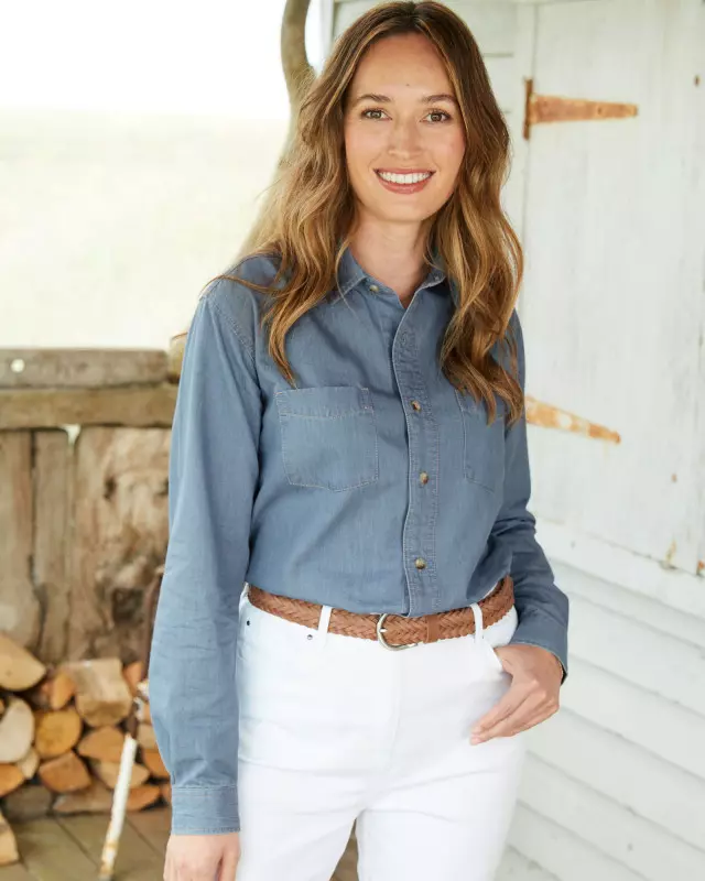 Cotton Traders Long Sleeve Denim Shirt in Beige