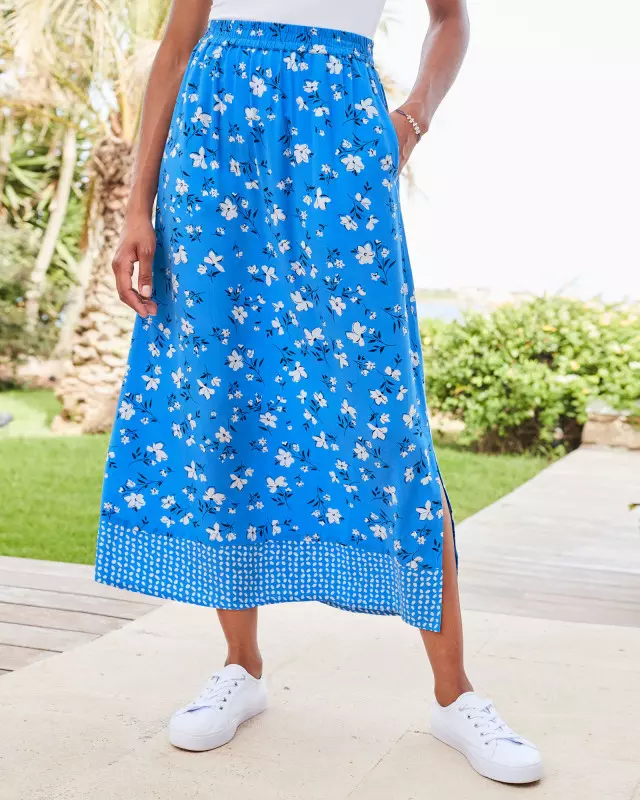 Cotton Traders Women's Pockets-Of-Sunshine Pull-On Midi Skirt in Blue
