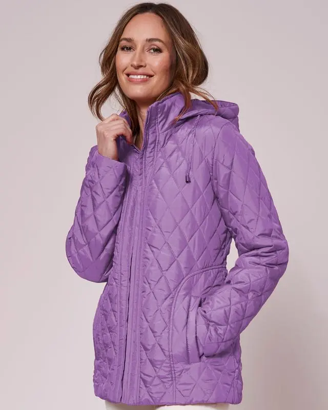 Cotton Traders Women's Showerproof Hooded Quilted Jacket in Purple, 100% Polyester