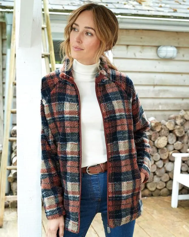 Cotton Traders Check Sherpa Fleece Jacket in Brown, 100% Polyester