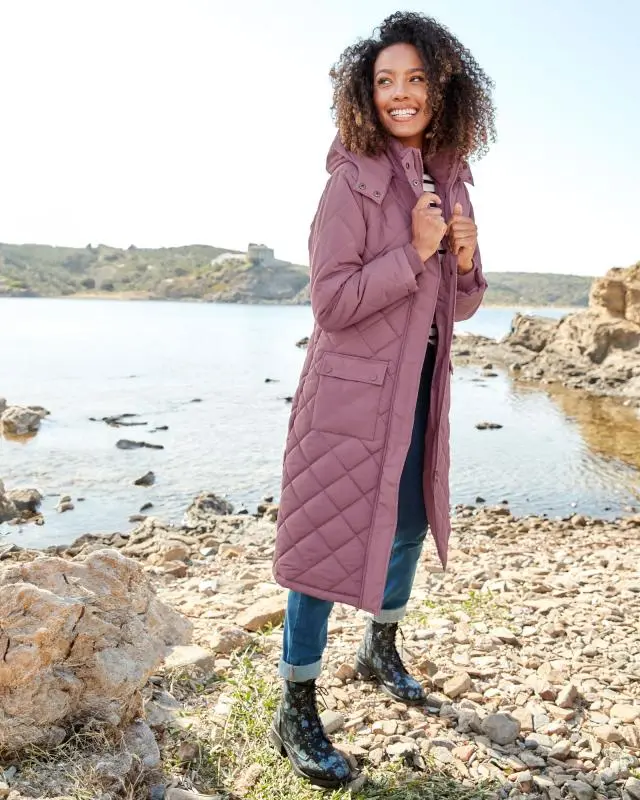 Cotton Traders Women's Long Padded Coat With Detachable Hood in Pink, 100% Polyester