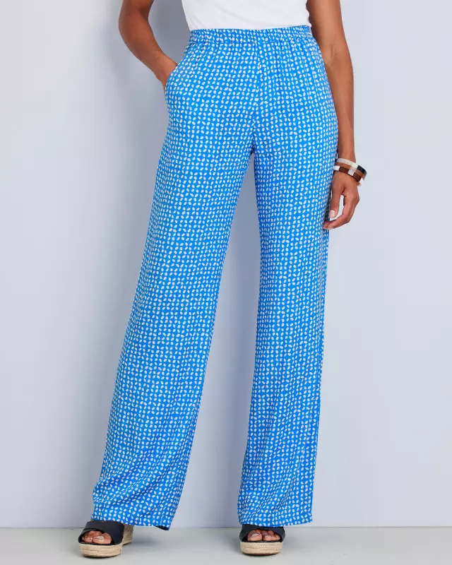 Cotton Traders Women's Sienna Printed Pull-On Wide-Leg Trousers in Blue