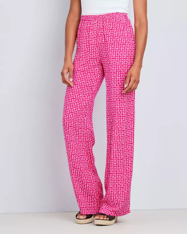 Cotton Traders Women's Sienna Printed Pull-On Wide-Leg Trousers in Pink