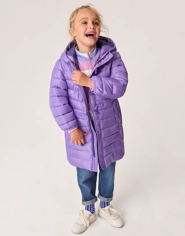 Crew Clothing Lightweight Toggle Longline Puffer Coat in Lilac