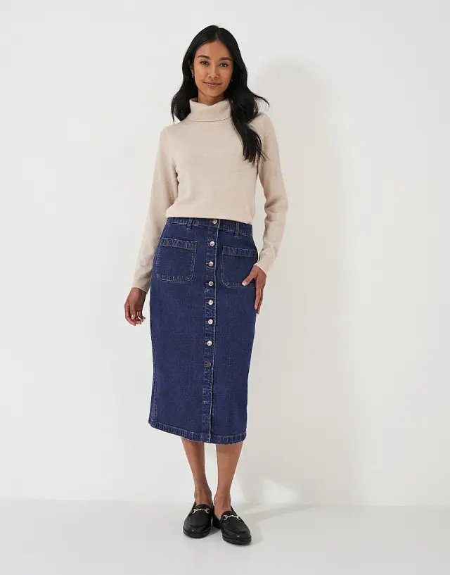 Crew Clothing Button Front Denim Midi Skirt in Mid Wash