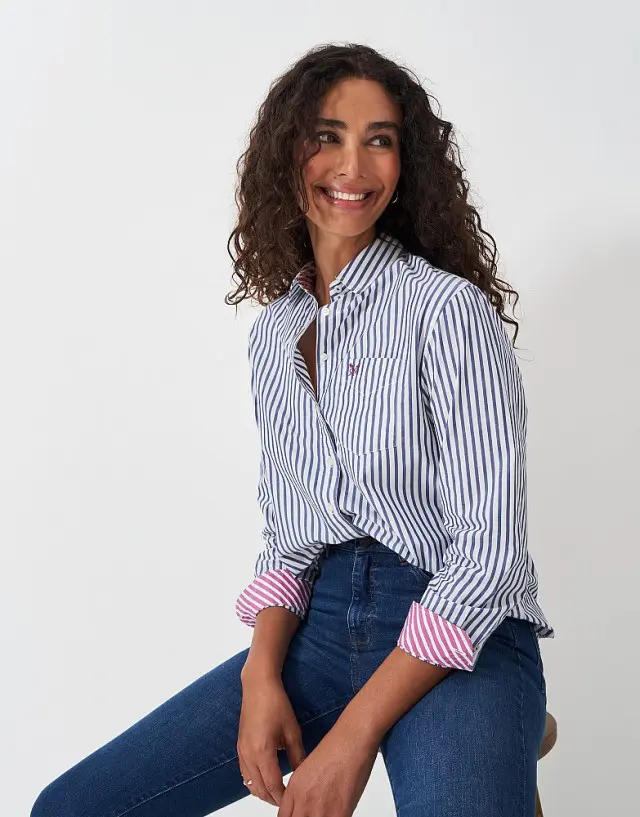 Crew Clothing Cotton Poplin Shirt in Navy and White Stripe