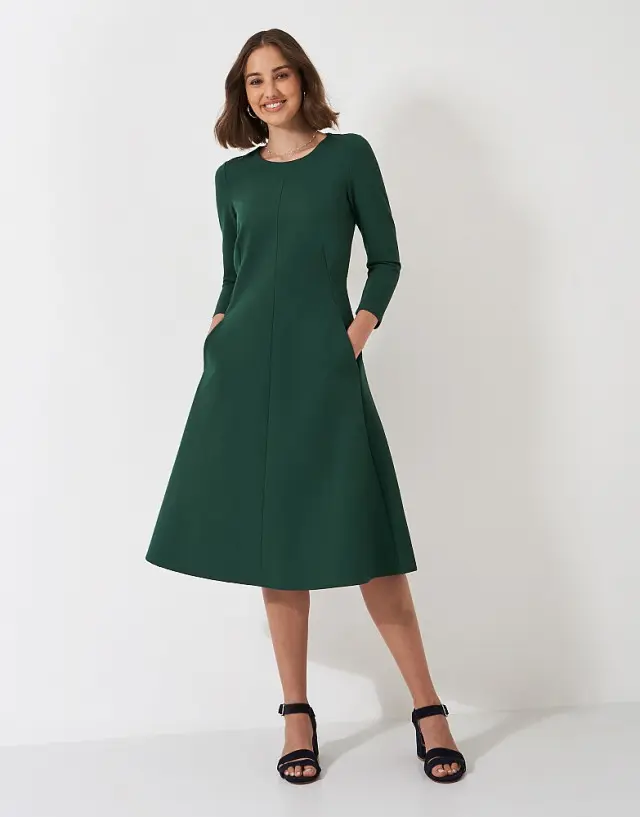 Crew Clothing Eva 3/4 Length Sleeved Ponte Dress in Green