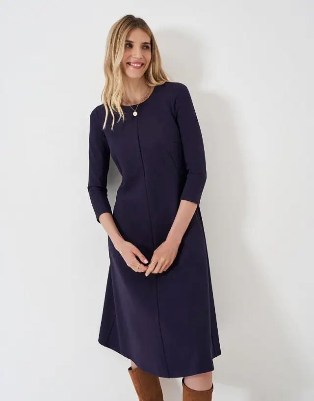 Crew Clothing Eva 3/4 Length Sleeved Ponte Dress in Navy