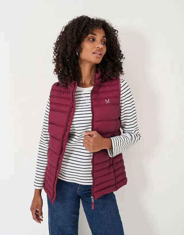 Crew Clothing Lightweight Hooded Gilet in Berry Red