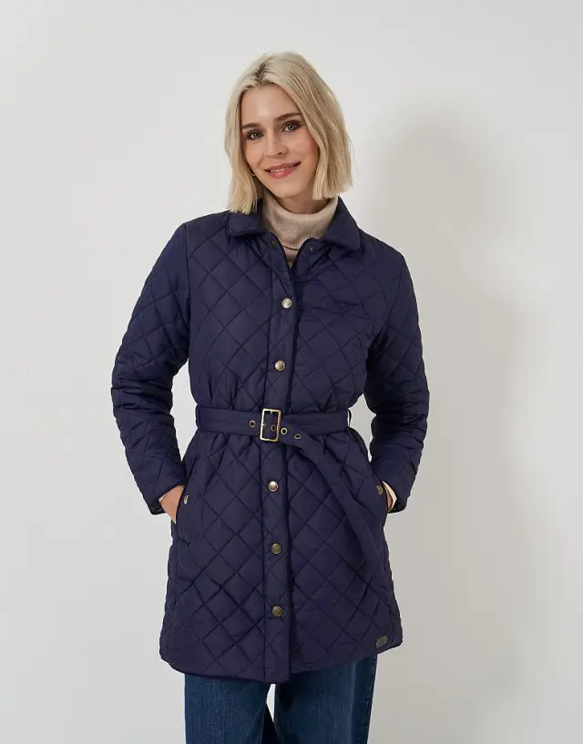 Crew Clothing Belted Diamond Quilted Coat in Navy