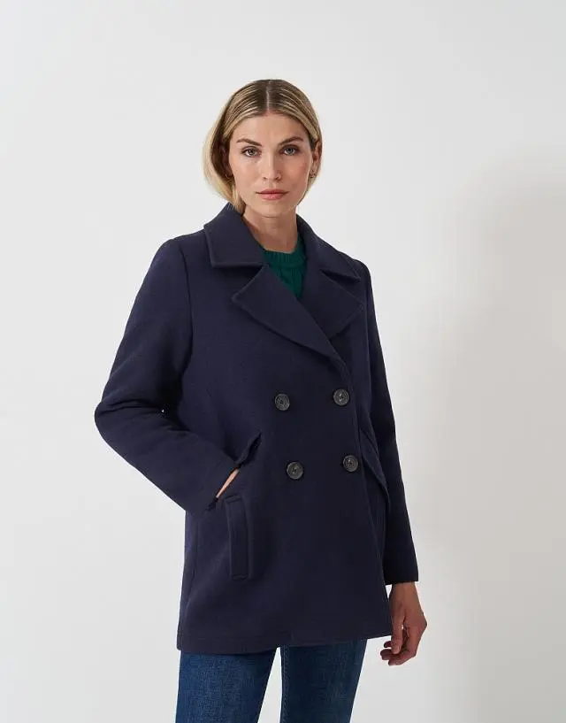 Crew Clothing Wool Blend Pea Coat in Navy